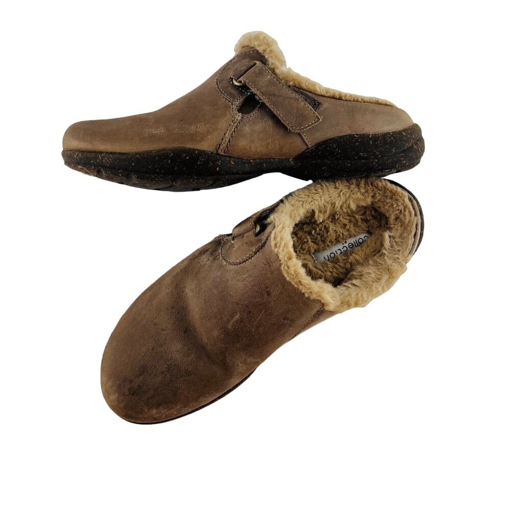 Clarks Collection Womens Brown Leather & Faux Fur Slip-On Clogs Slippers Size 6